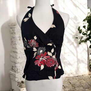 Y2k vintage Floral Halter Neck Top tie up tropical beach goth 10
